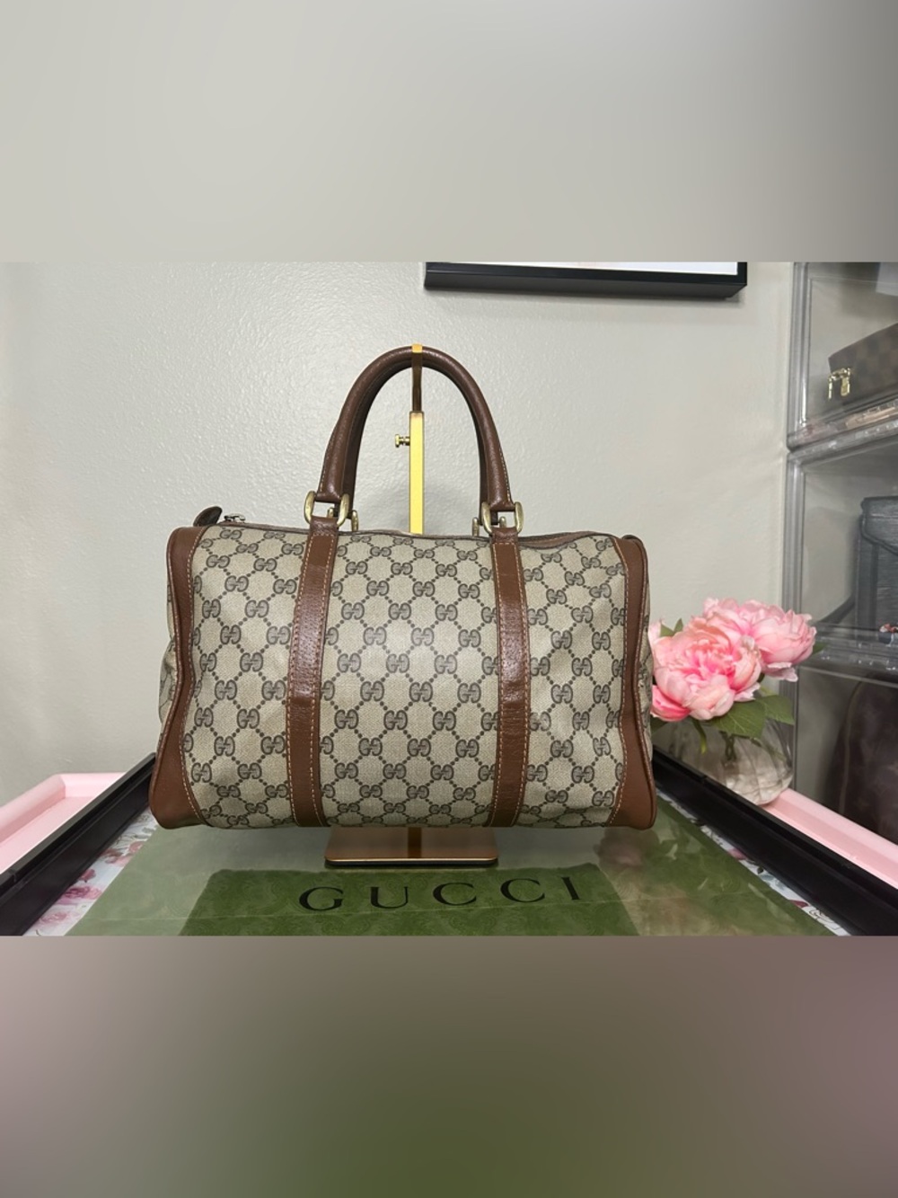 Vintage Gucci GG Supreme Boston Bag Monogram Canvas Brown Leather Duffle